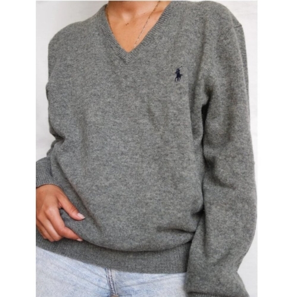 Vintage 1980's - 90's Men's X-Large Polo Ralph Lauren Gray Heather V-Neck Sweate - Picture 2 of 9